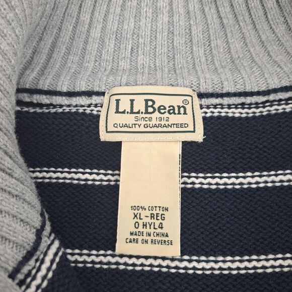 LL Bean 1/4 Zip 100% Cotton Sweater Blue White Striped Long Sleeve Men's Size XL - Picture 3 of 4